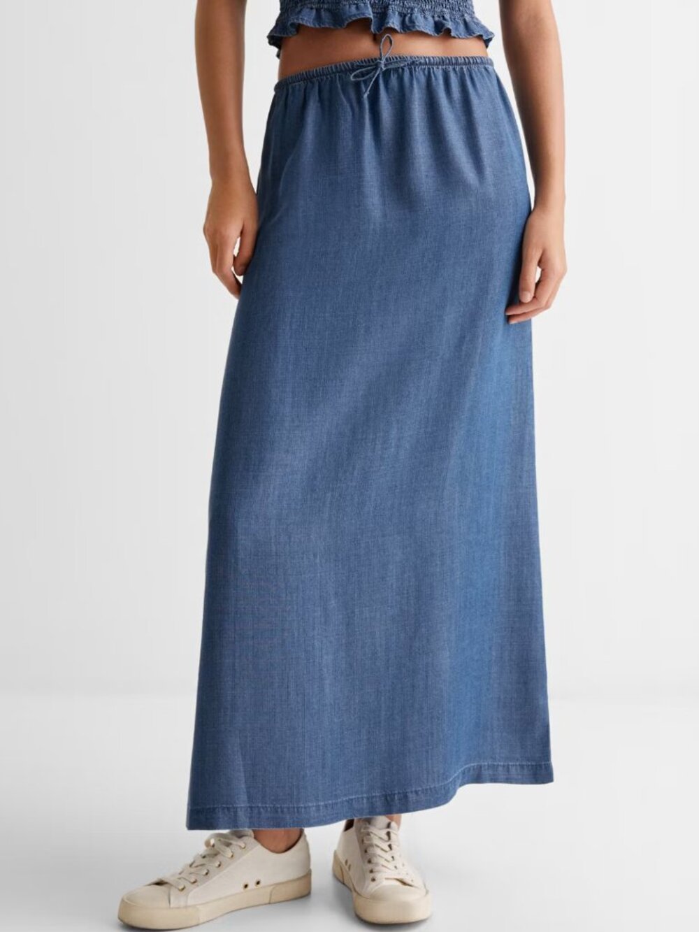 Mango Chambray Midi Skirt Elastic Waist Blue Women's Medium Drawstring